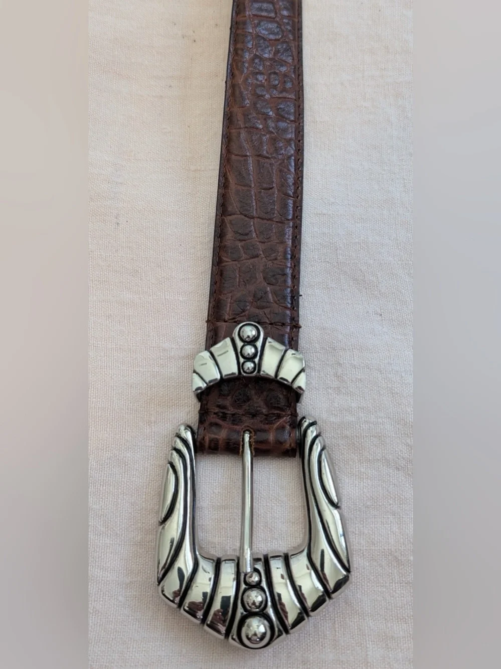 Vintage Captiva Collectibles Brown Croc-Embossed Leather Belt Silver Buckle Sz S